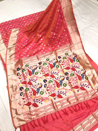 Peach color paithani silk weaving saree with blouse online shopping
