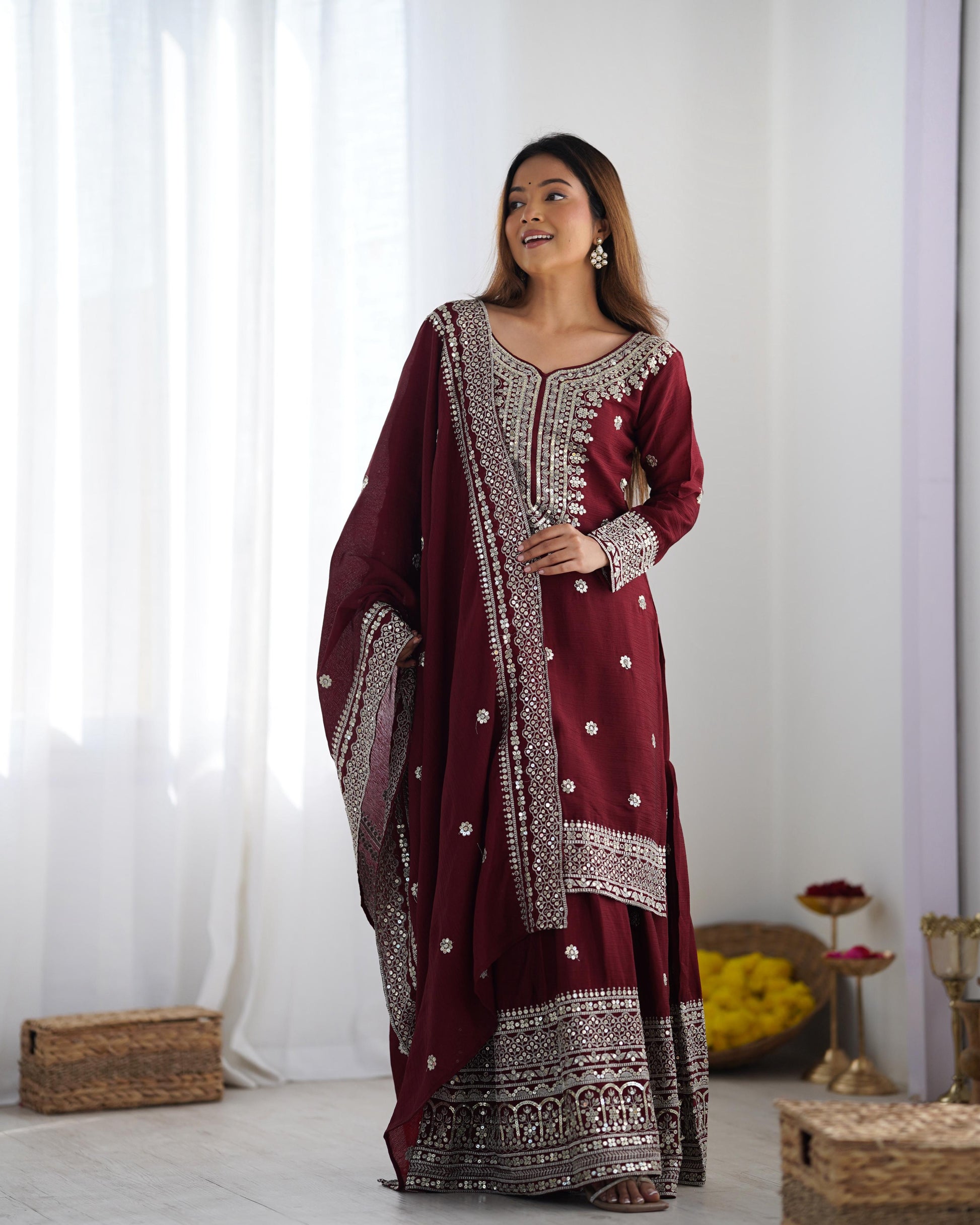 Maroon color chinon silk sharara suit for women