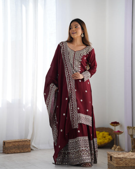 Maroon color chinon silk sharara suit for women