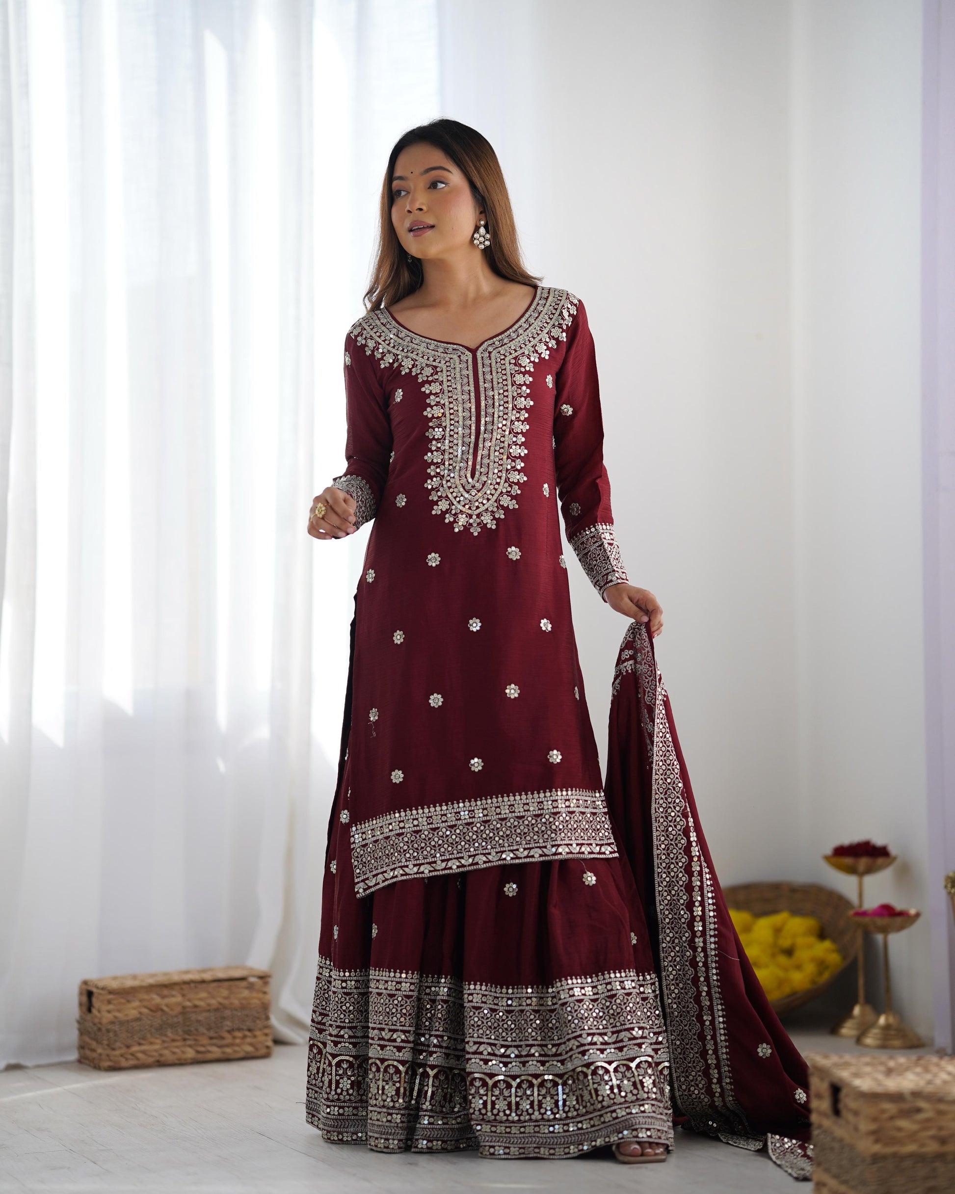 Maroon color chinon silk sharara suit with dupatta price