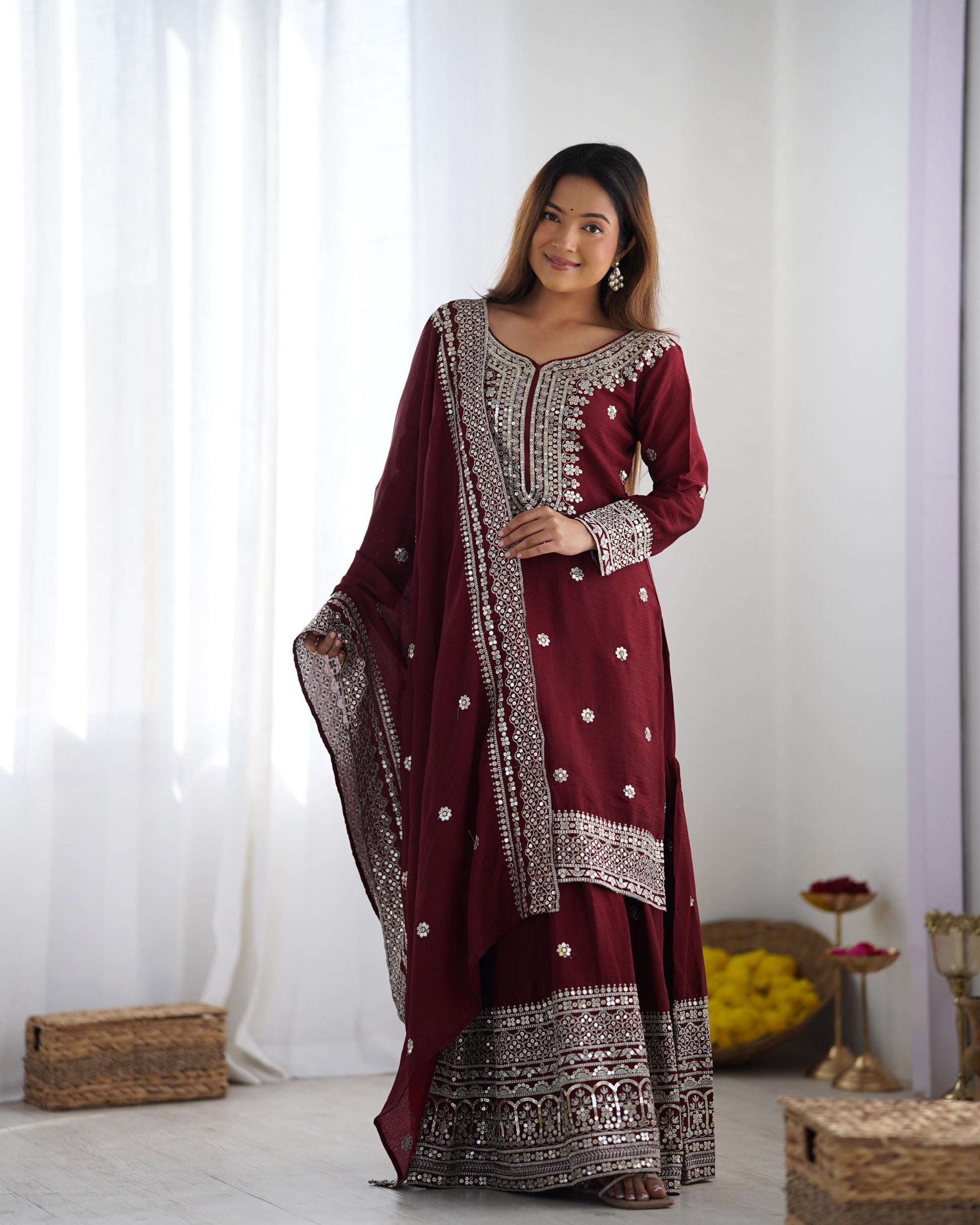 Maroon color chinon silk sharara suit with dupatta 