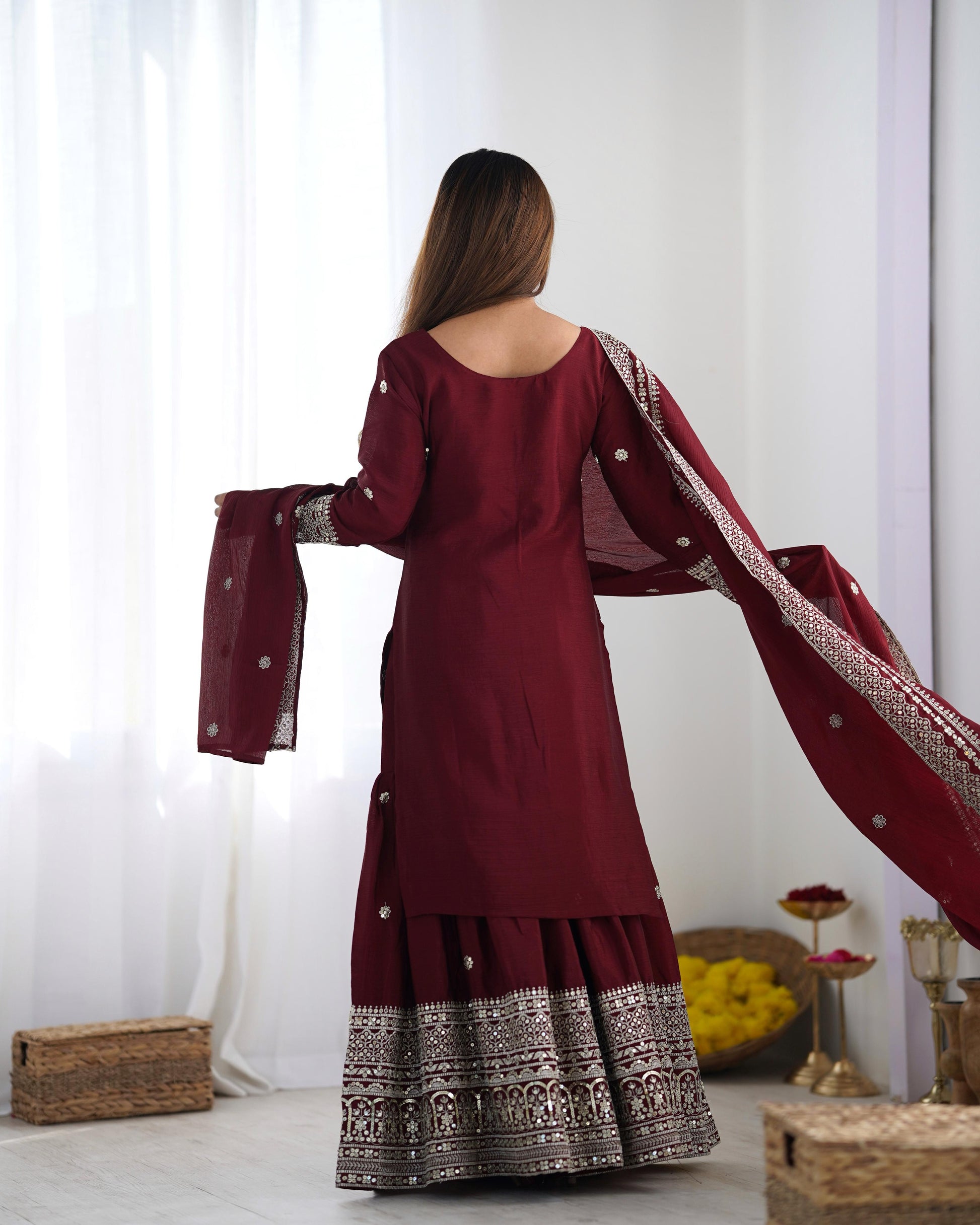 Maroon color silk sequins work sharara suit with dupatta 