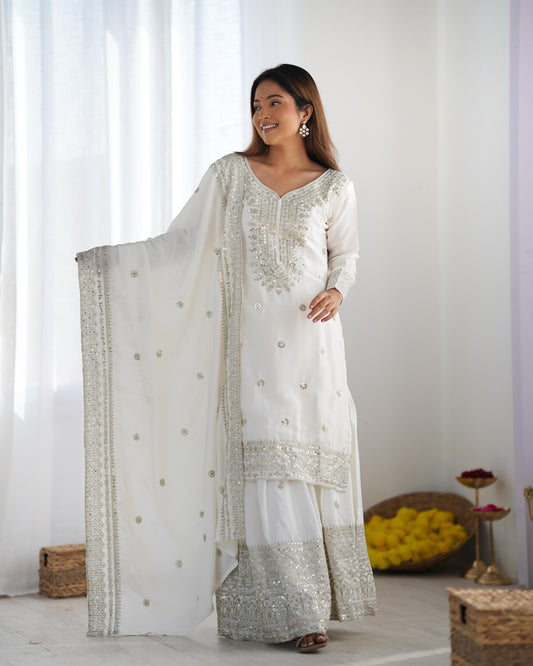 White color chinon silk sharara suit for women