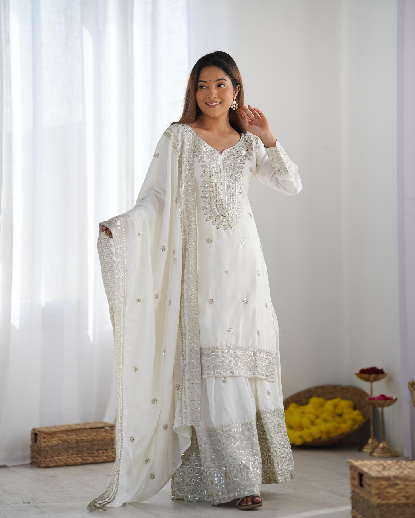 White color chinon silk sharara suit with dupatta 