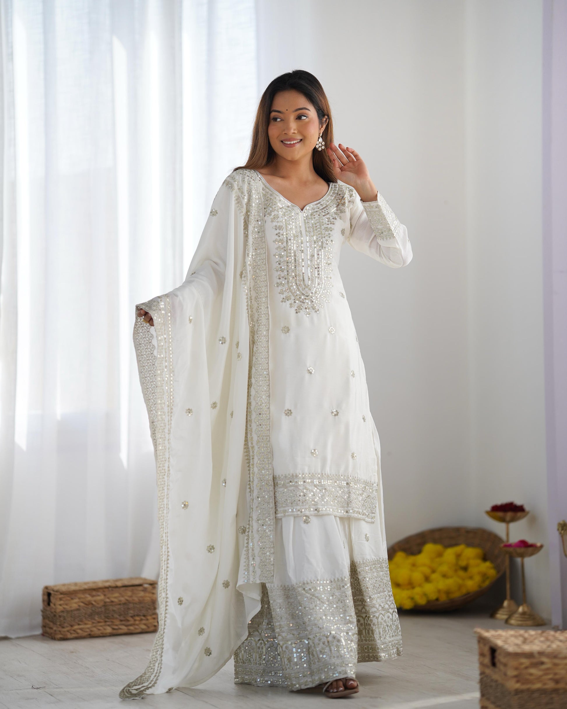 White color chinon silk sharara suit with dupatta 