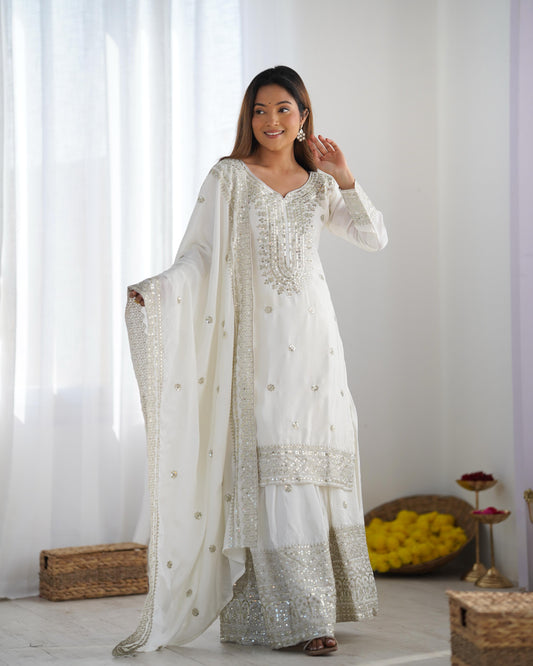 White color chinon silk sharara suit with dupatta 