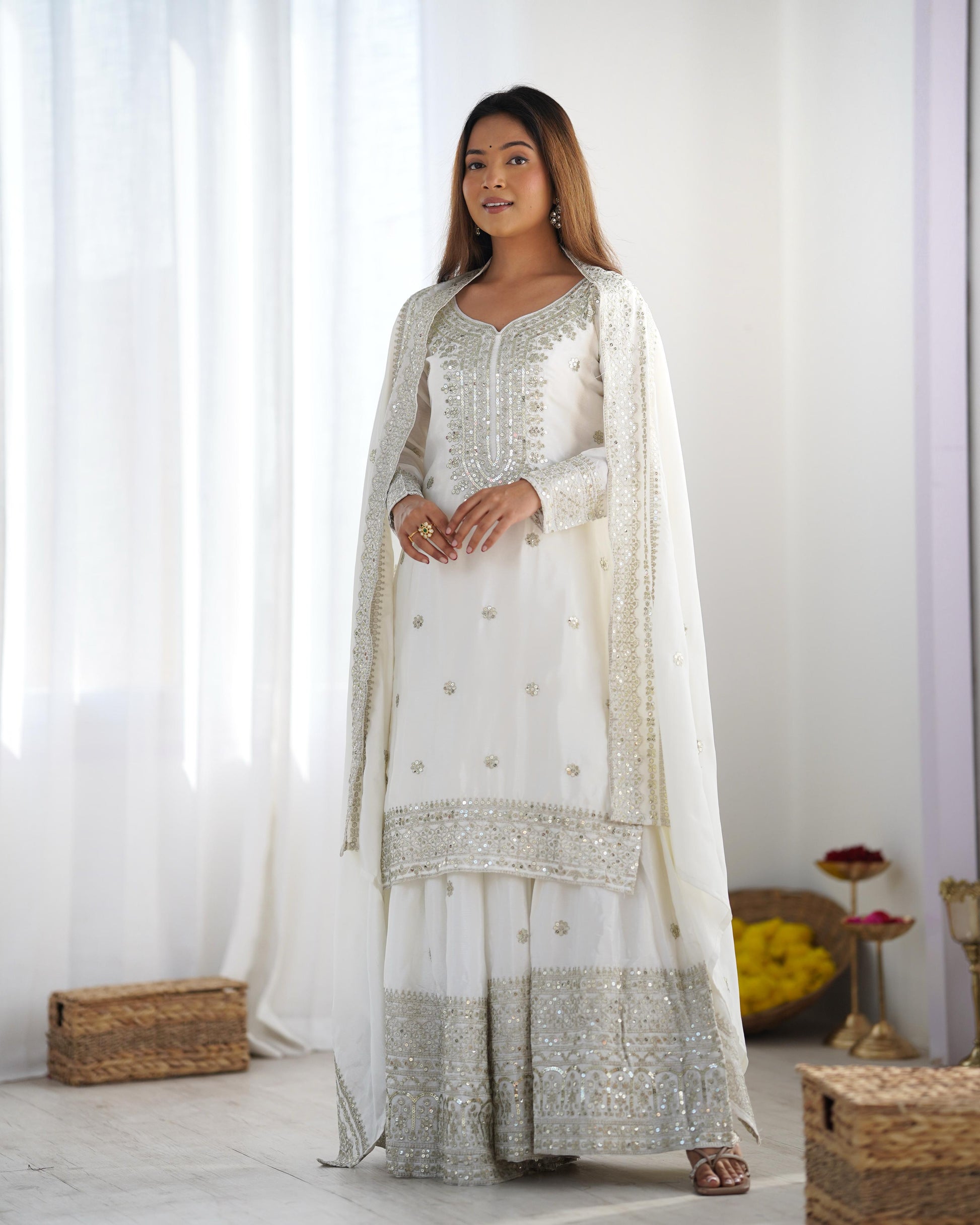 White color chinon silk sharara suit with dupatta online