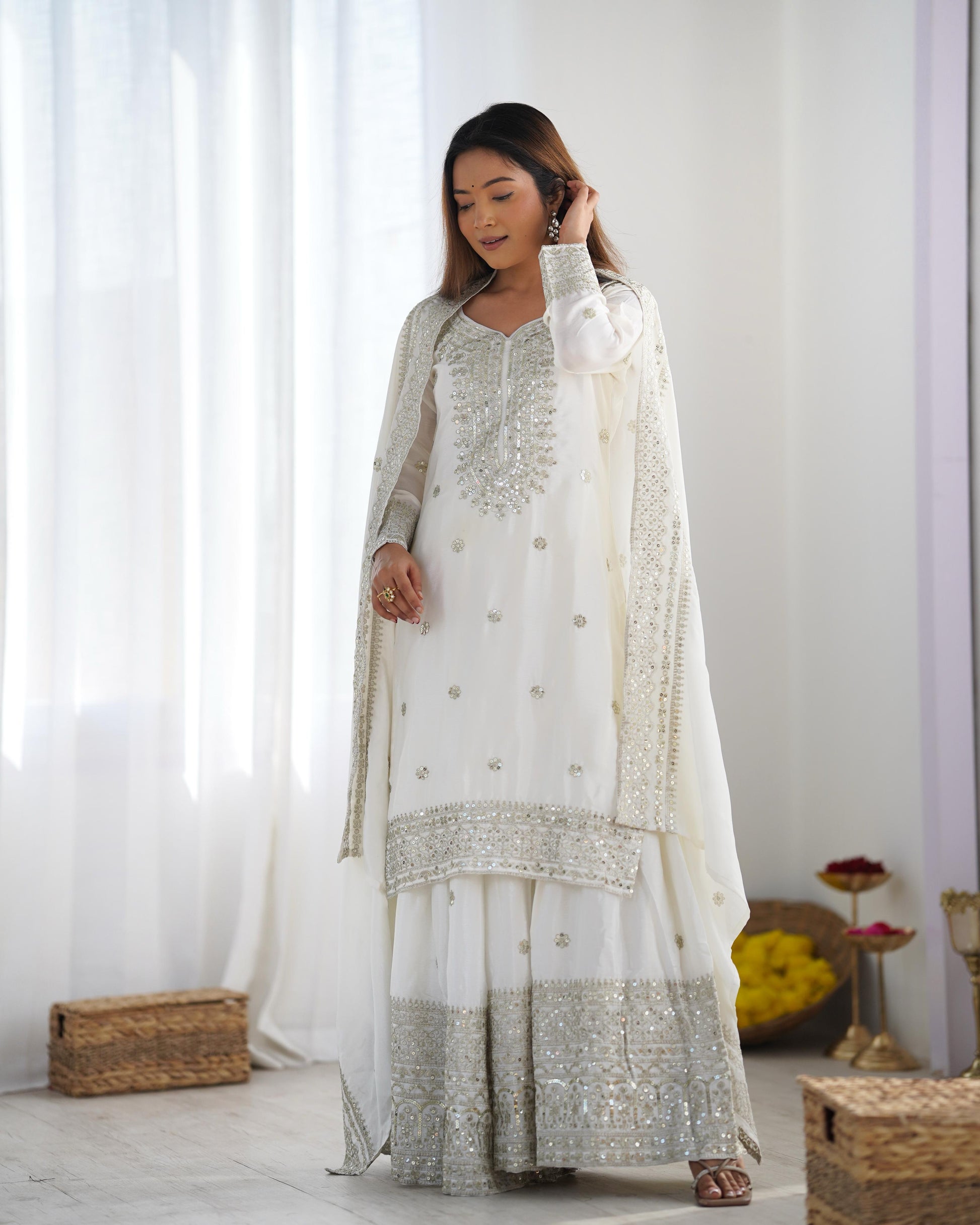 White color chinon silk sharara suit with dupatta price