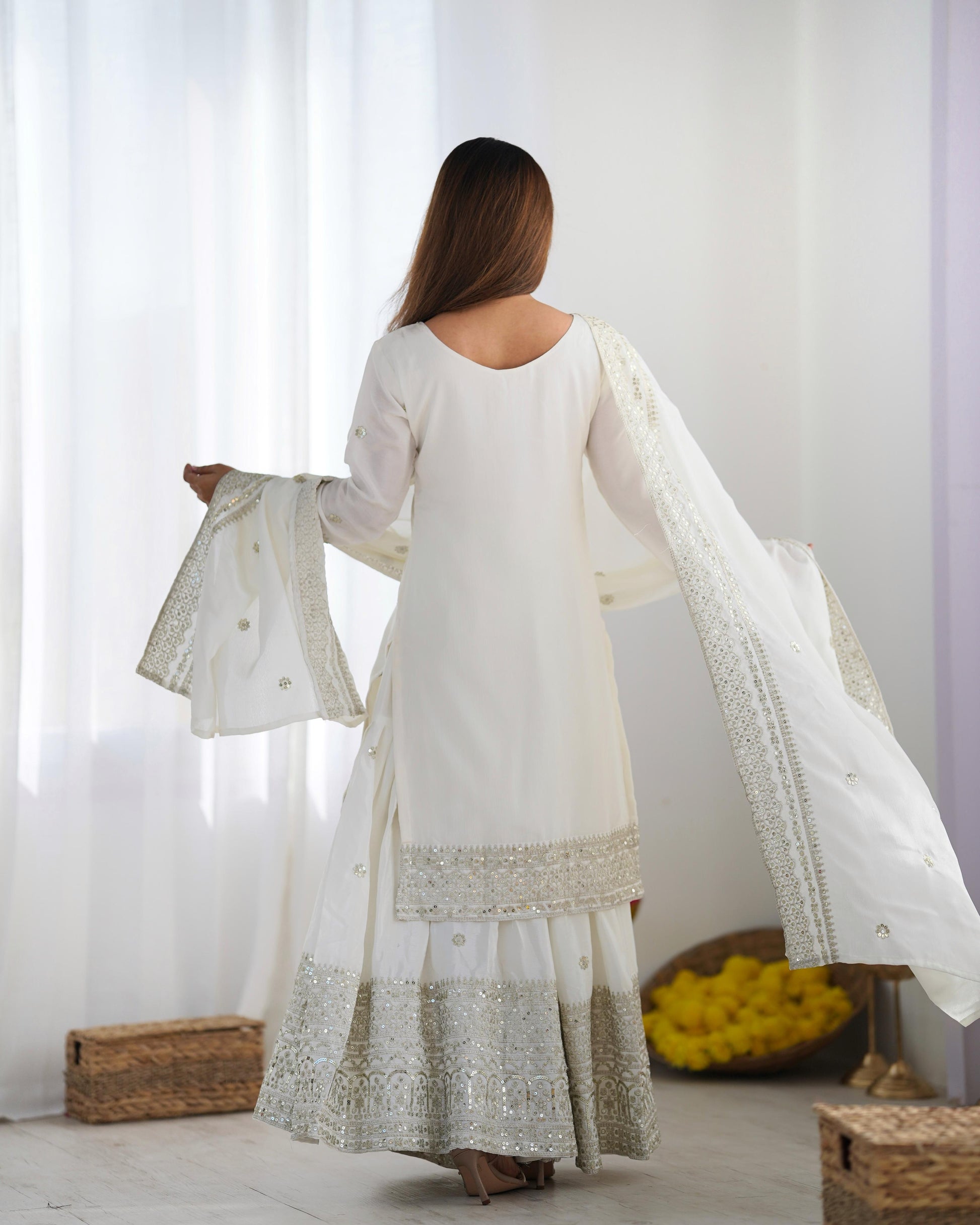 White color chinon silk sharara suit with dupatta images