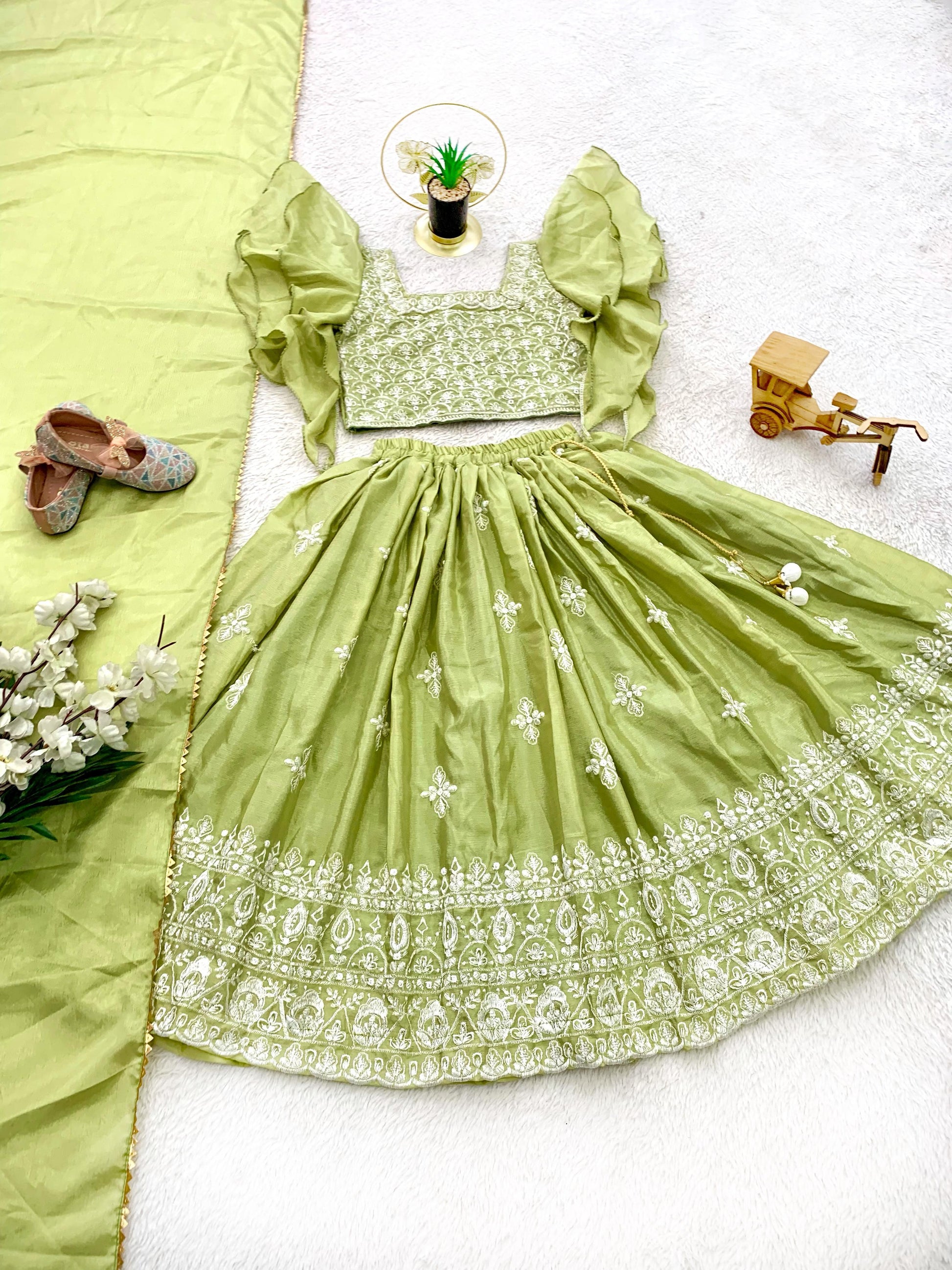 Pista color silk chaniya choli for kids girls