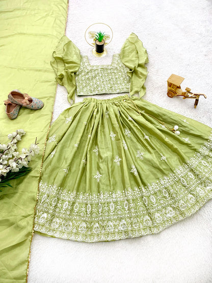 Pista color silk chaniya choli for kids girls