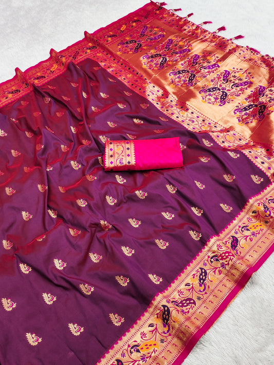 Wine color paithani silk saree for women