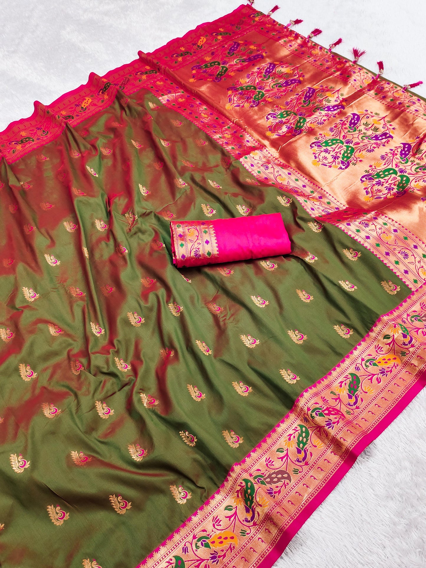 Mehendi color paithani silk saree with blouse price