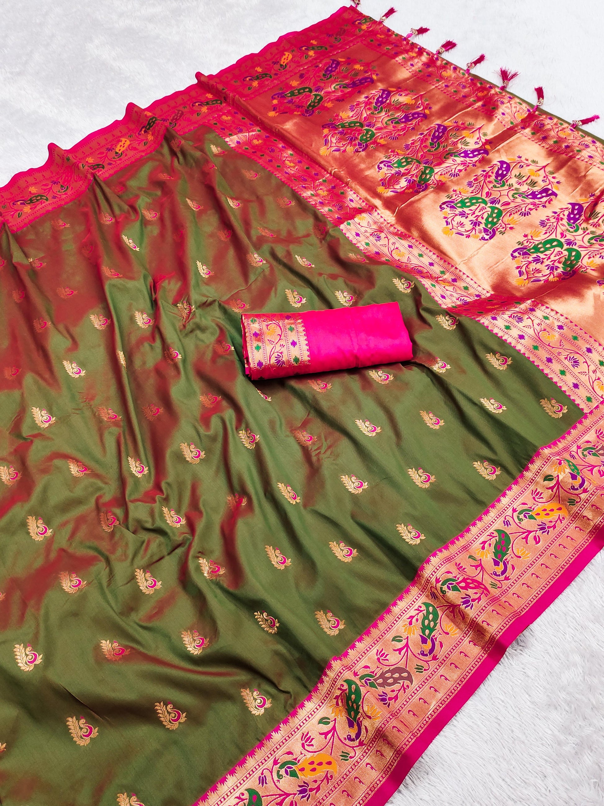 Mehendi color paithani silk saree with blouse price