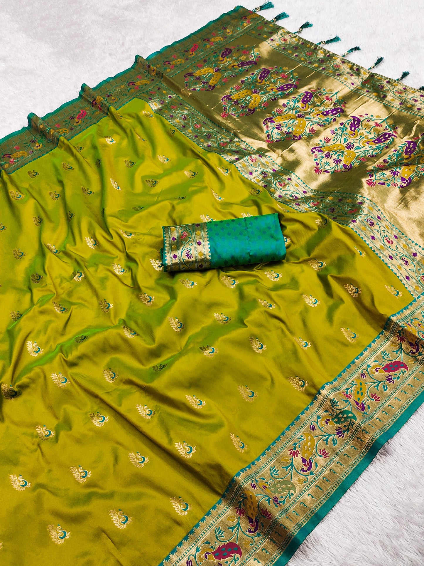 green color paithani silk saree with blouse images