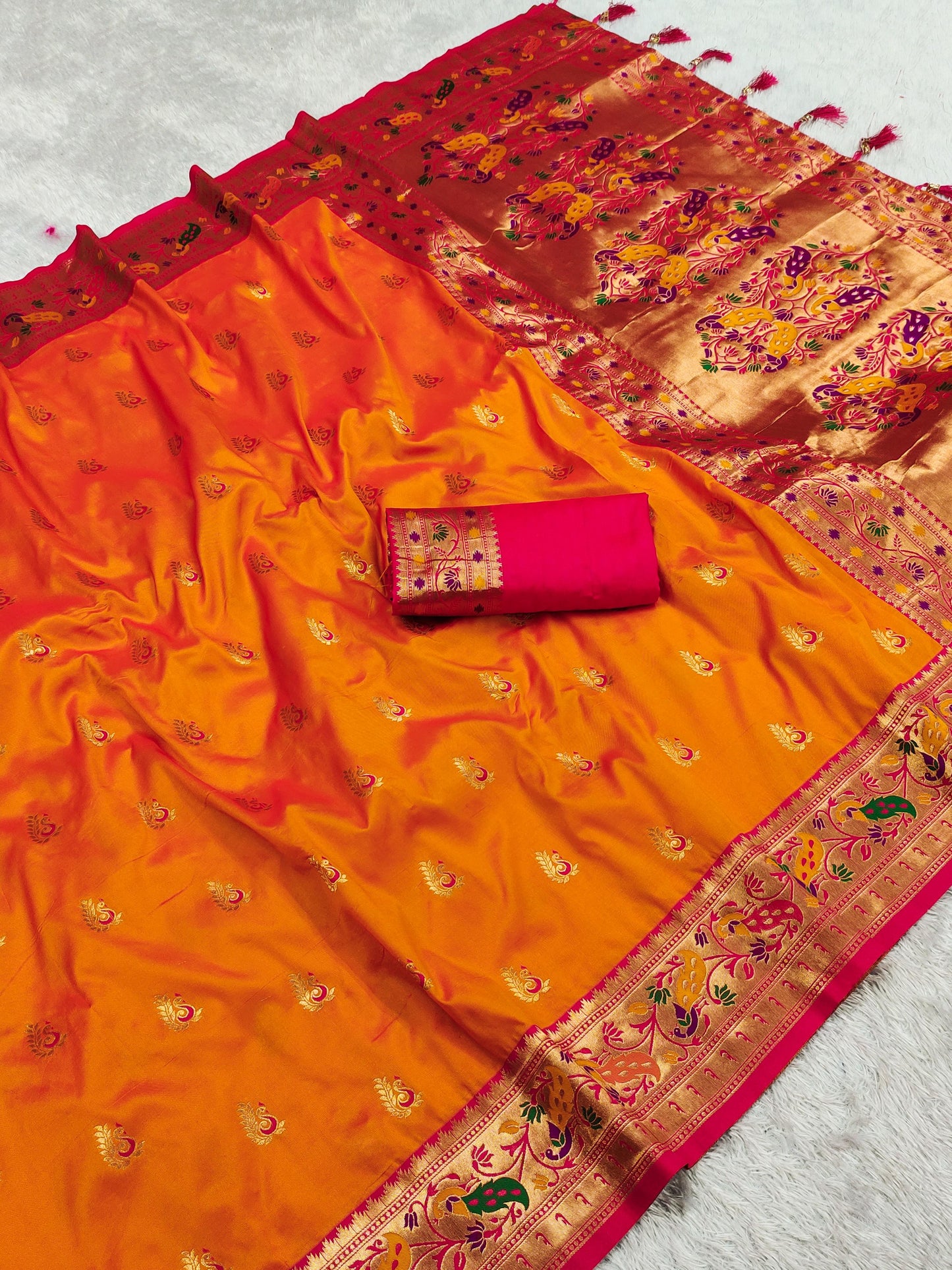 Orange color paithani silk saree with blouse images