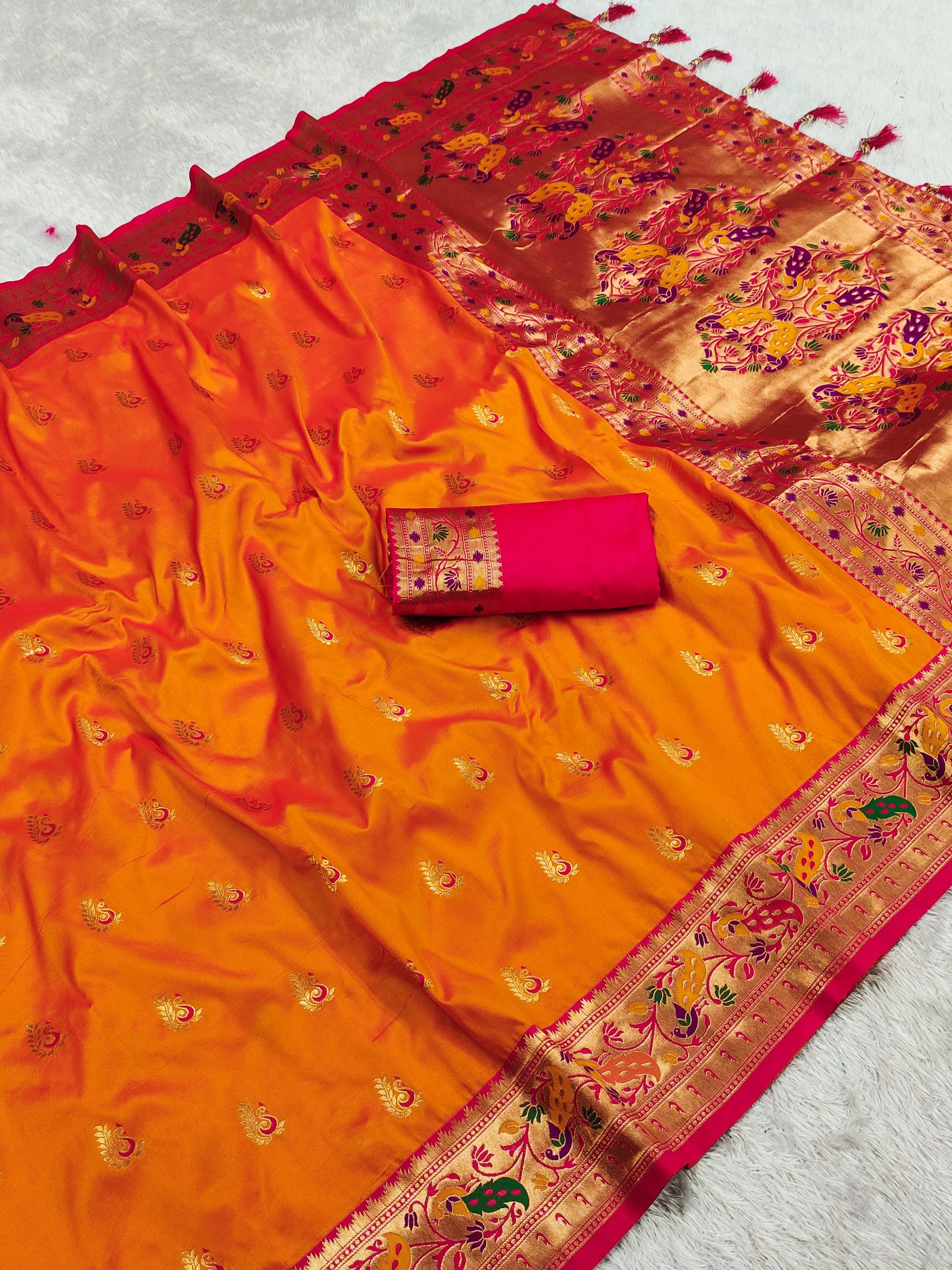 Orange color paithani silk saree with blouse images