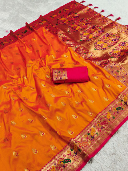 Orange color paithani silk saree with blouse images