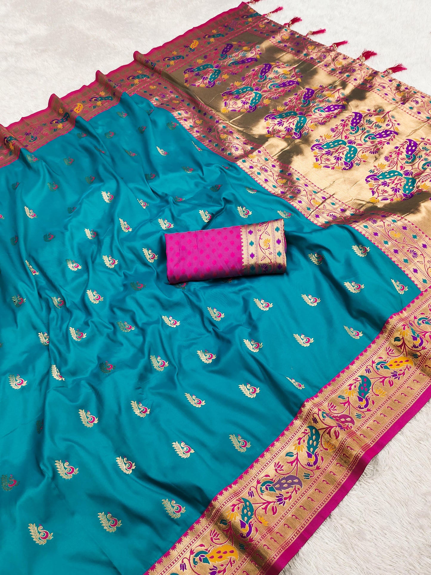 Rama color paithani silk saree with blouse design