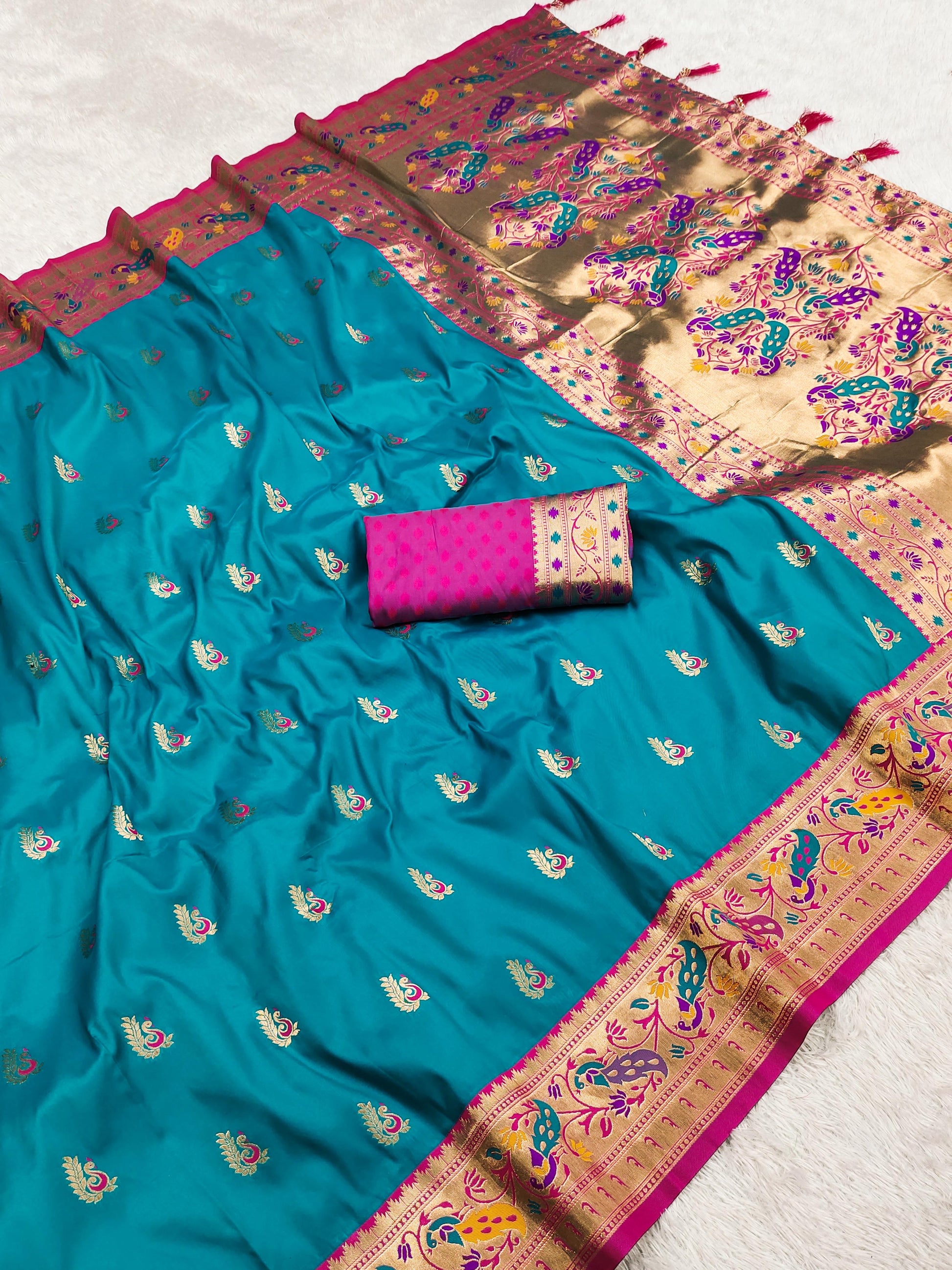 Rama color paithani silk saree with blouse design