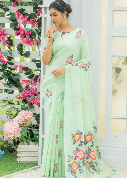 Pista color Linen saree for women