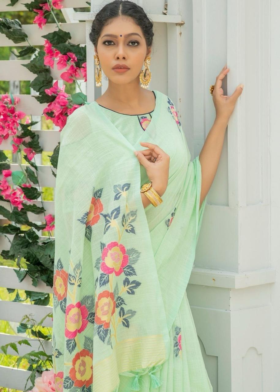 Pista color Linen  printed saree for party