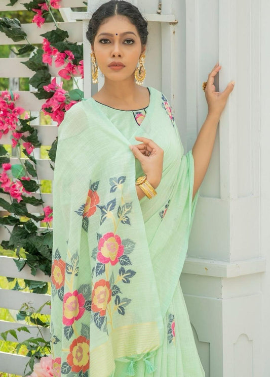Pista color Linen  printed saree for party