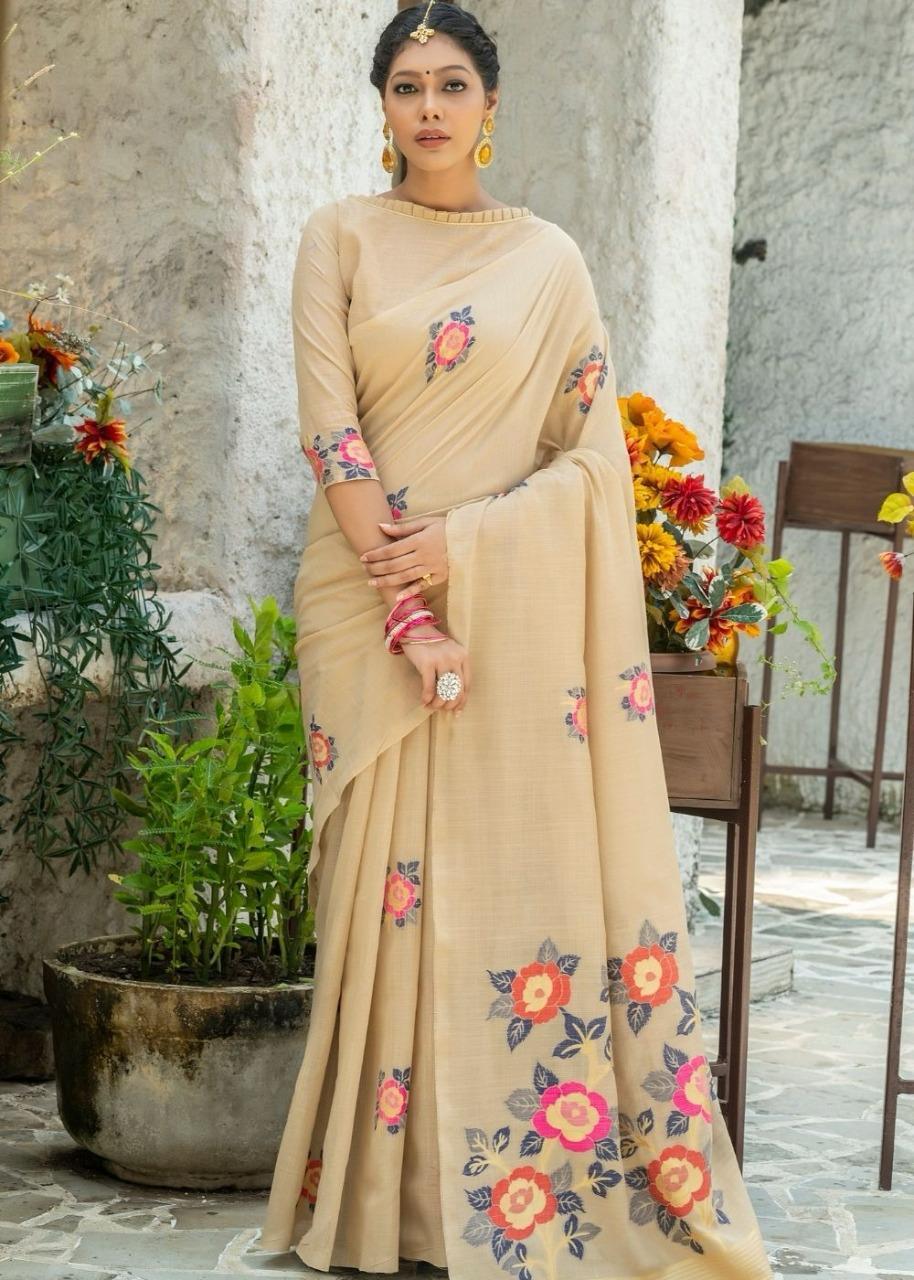 Beige color linen printed saree or women