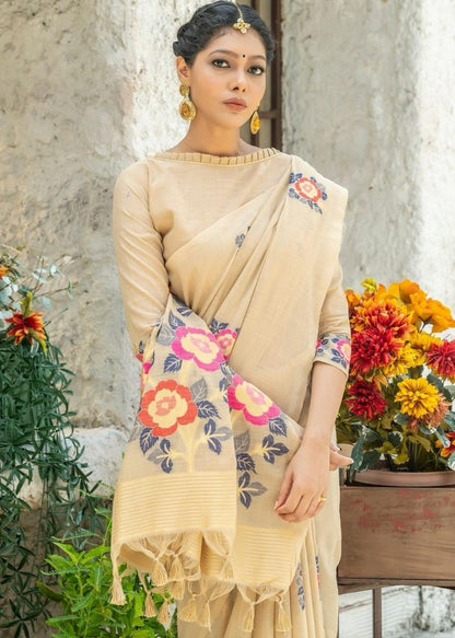 Beige color linen printed saree for wedding