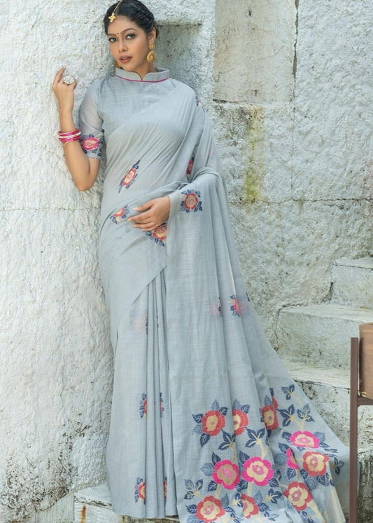 Sky color linen printed saree with blouse 