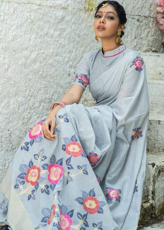 Sky color linen printed saree with blouse online