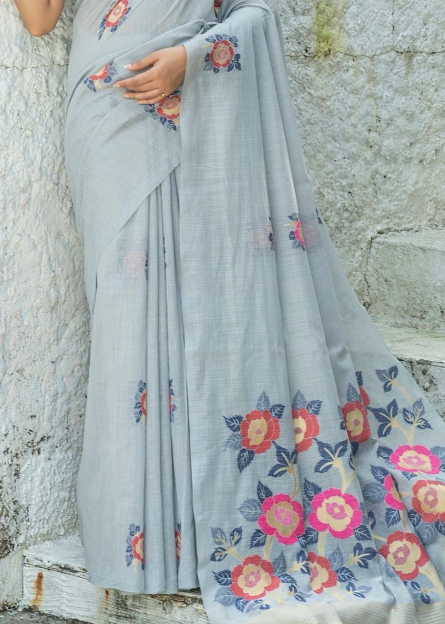 Sky color linen printed saree with blouse price