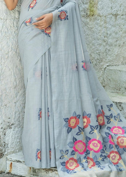 Sky color linen printed saree with blouse price