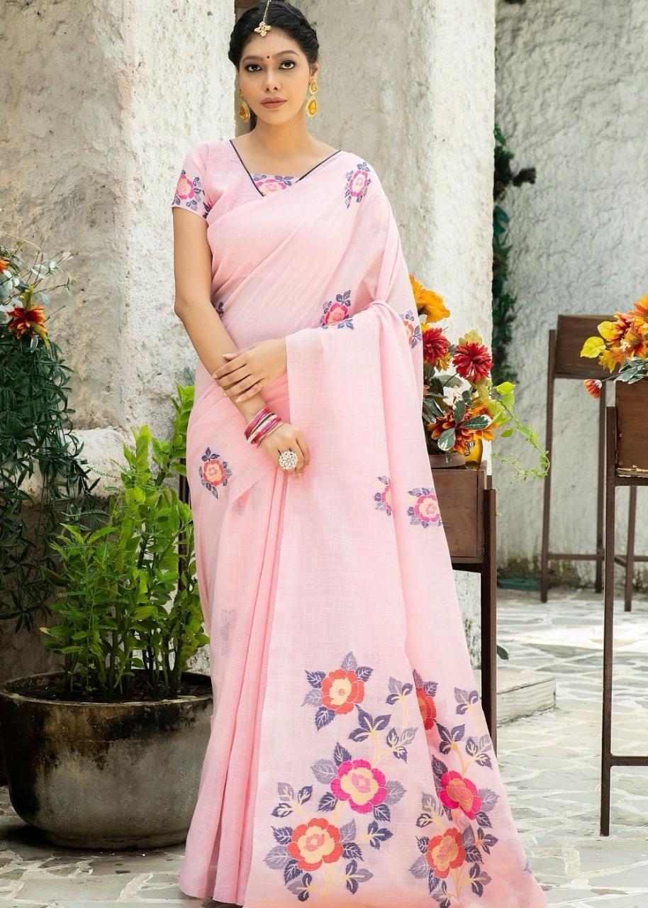Pink color linen printed saree for women
