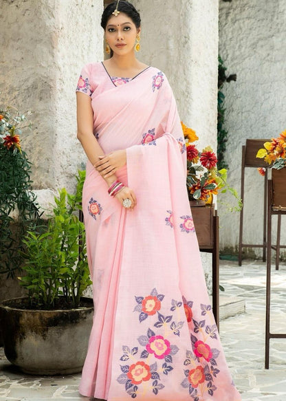Pink color linen printed saree for women