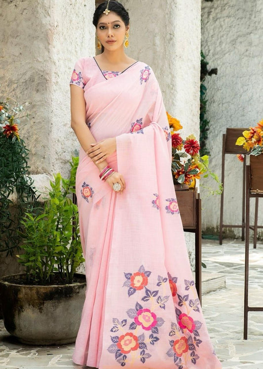 Pink color linen printed saree for women