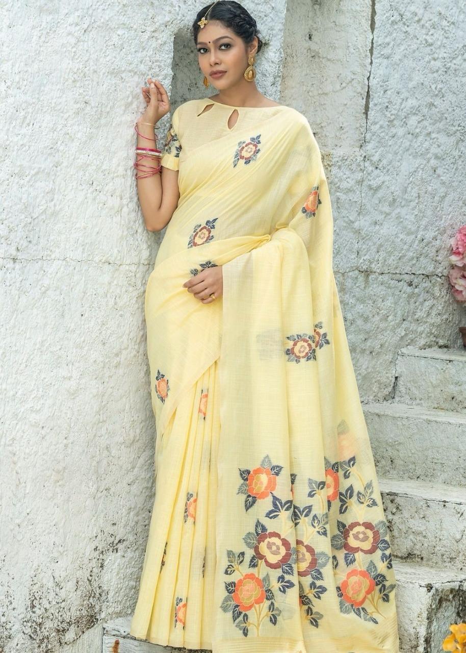 Yellow color linen saree for women