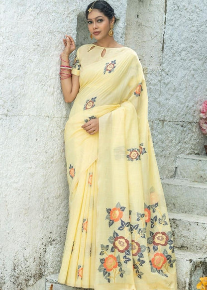 Yellow color linen saree for women