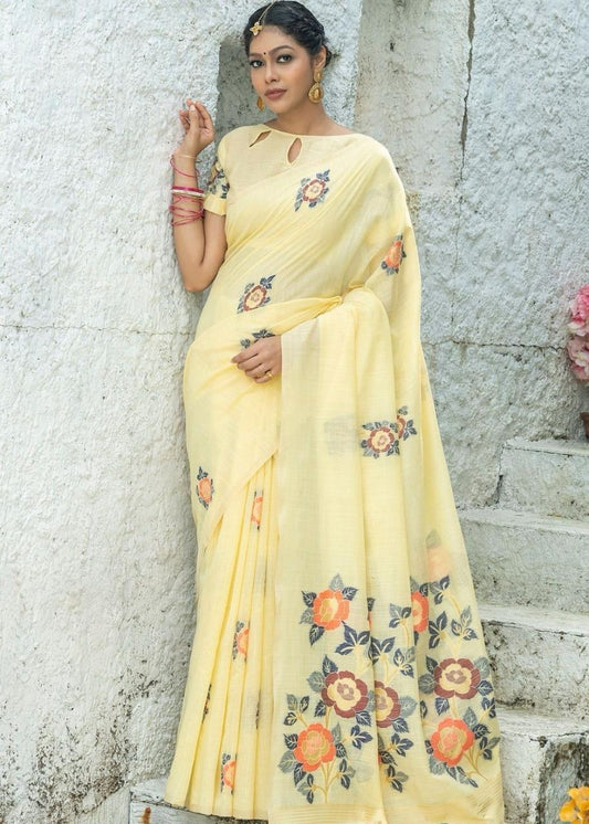 Yellow color linen saree for women