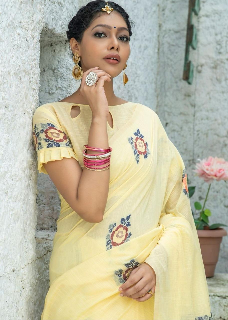 Yellow color linen saree for wedding