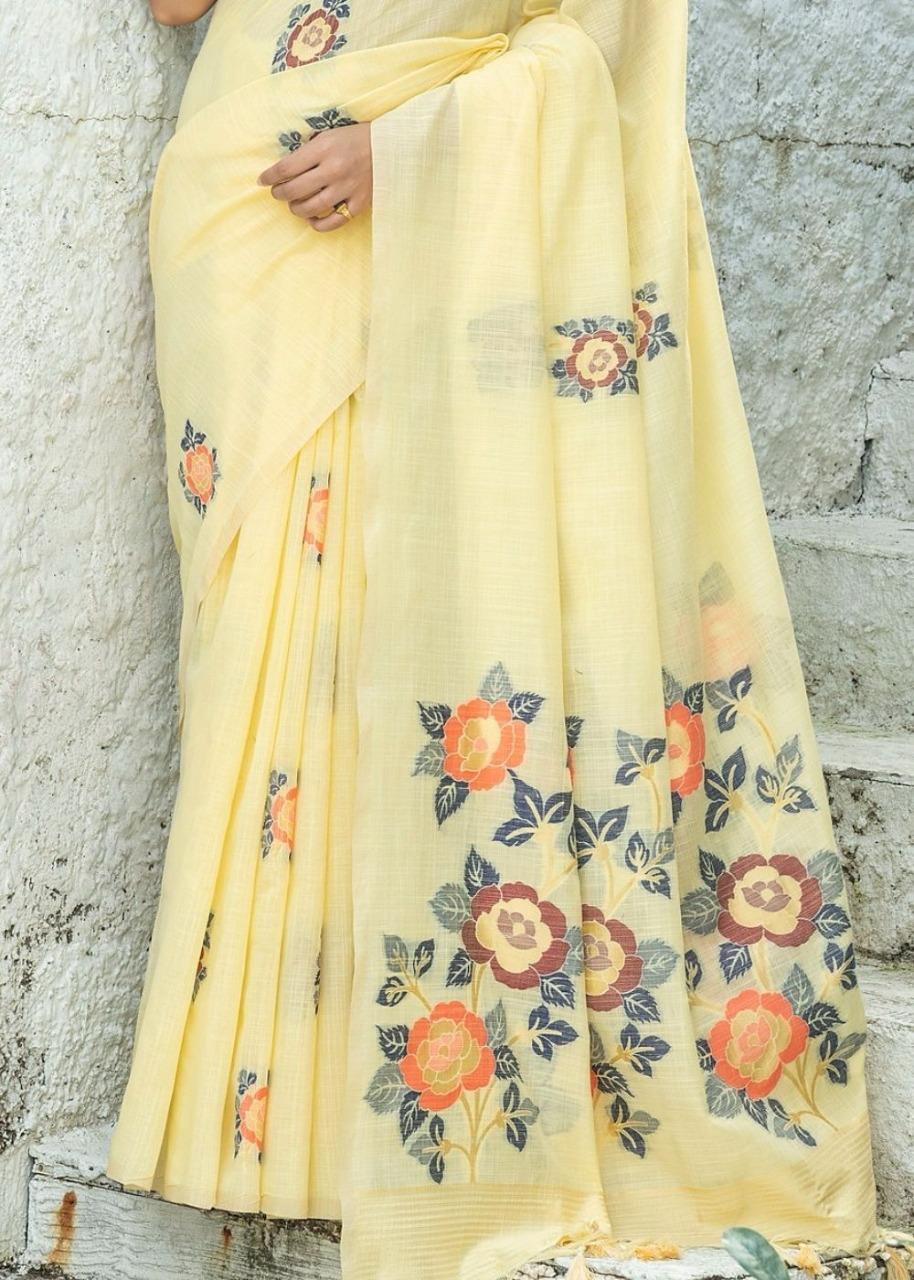 Yellow color linen saree with blouse online