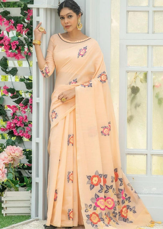 Peach color linen printed saree for women