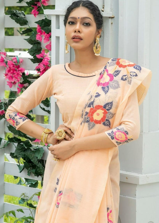 Peach color linen printed saree for party