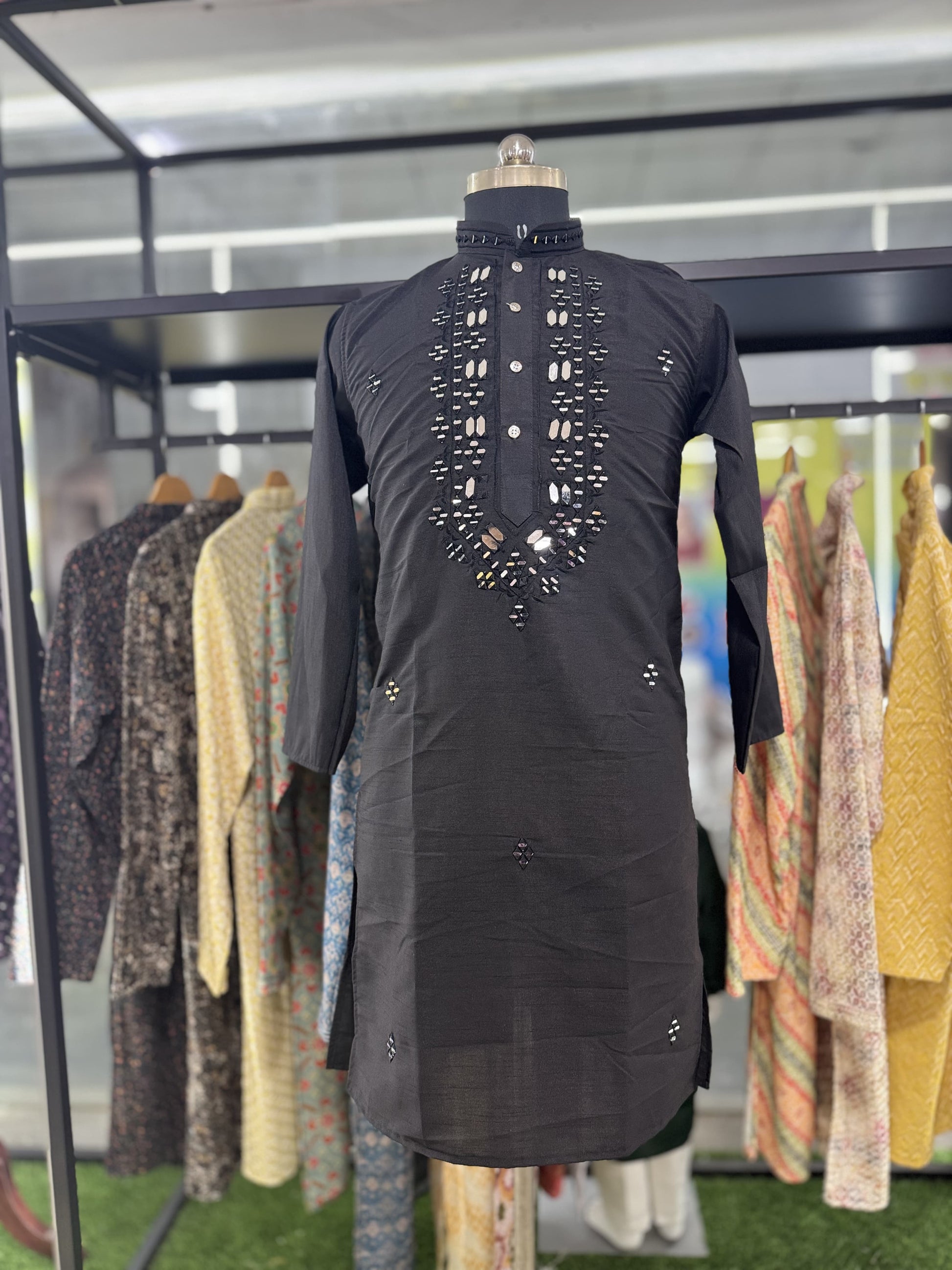 Black color silk mens kurta with pajama online