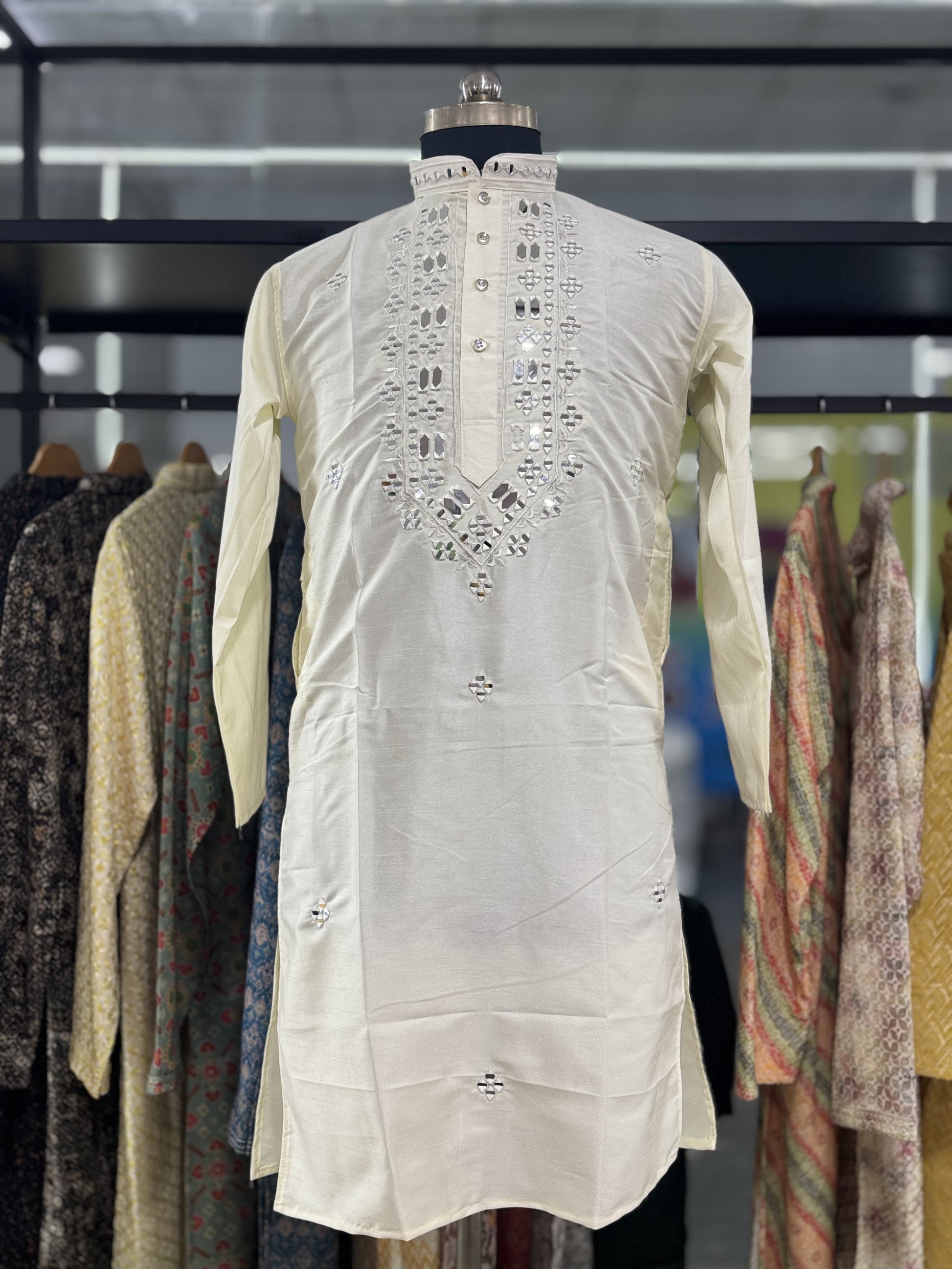 White color silk mens kurta with pajama online shopping