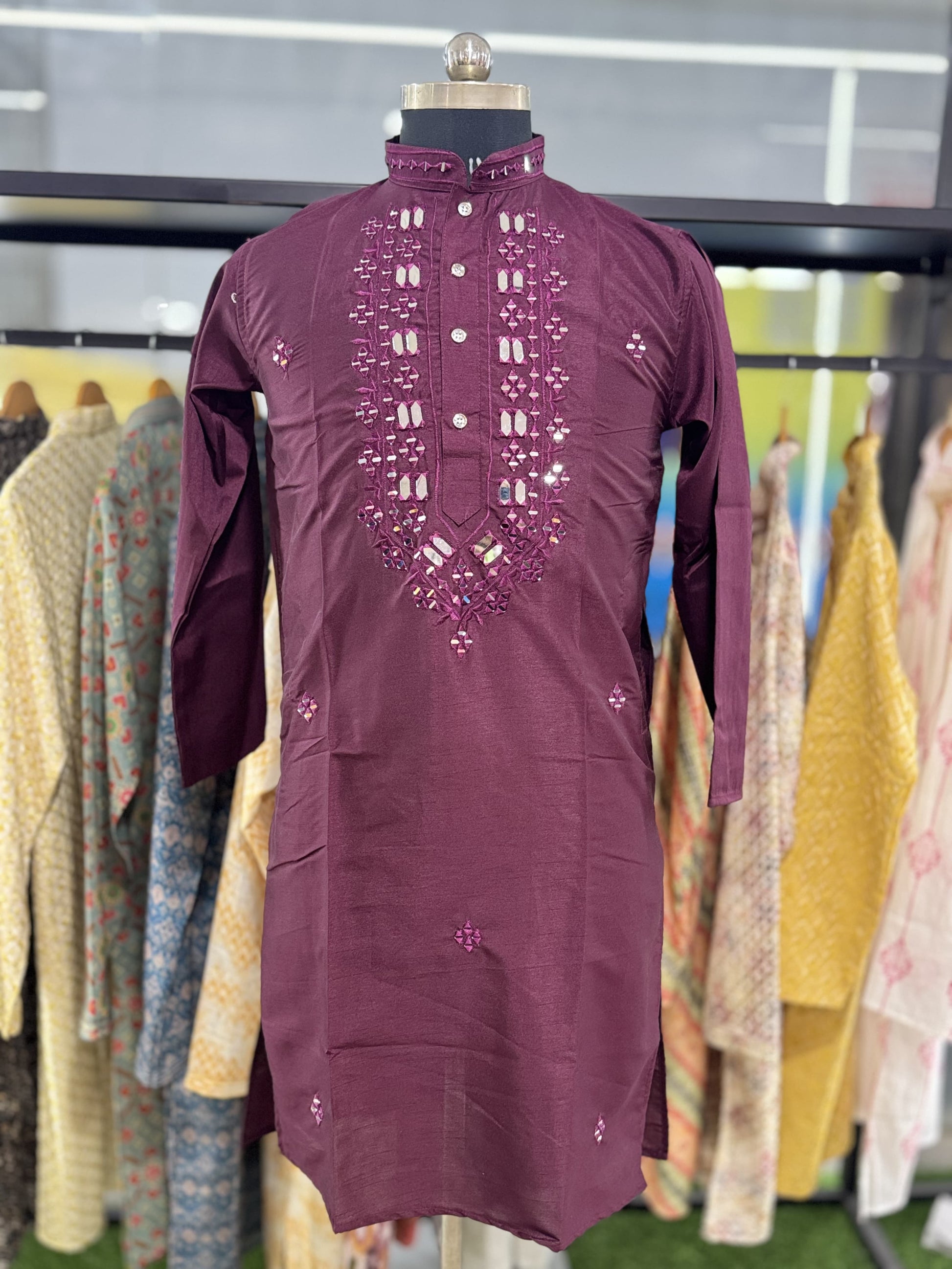 Purple color silk mens kurta with pajama for wedding