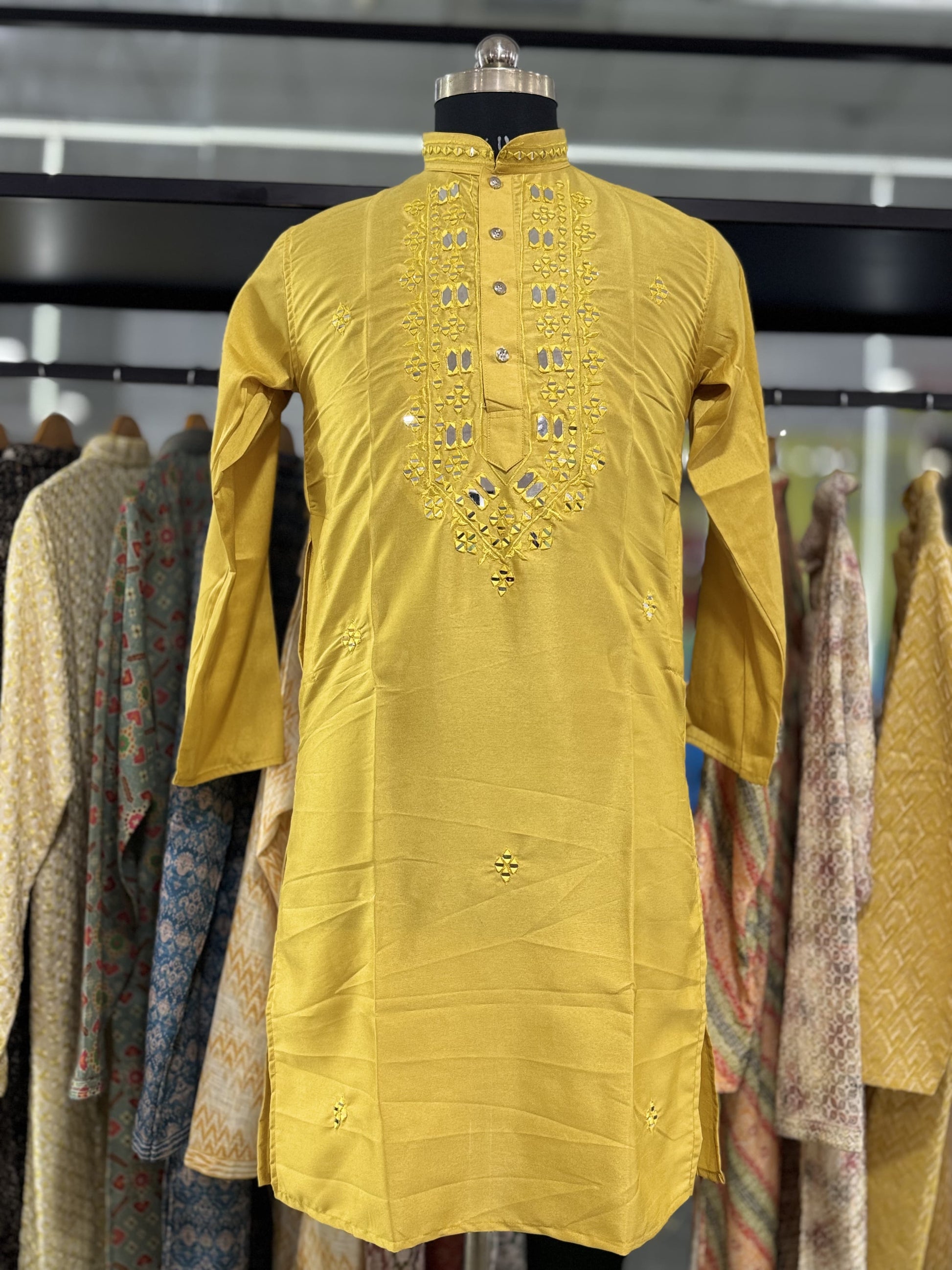 Yellow color silk mens kurta with pajama design