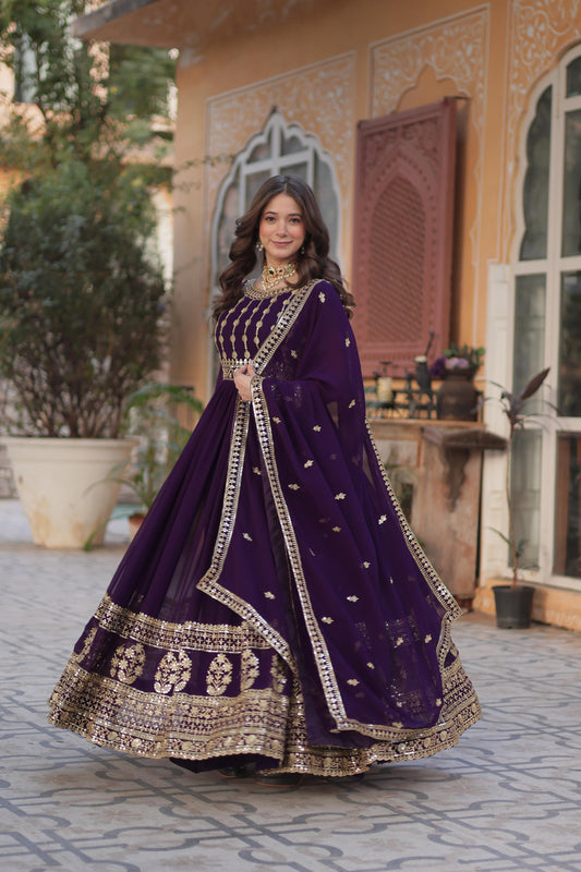 Purple color faux blooming gown for women