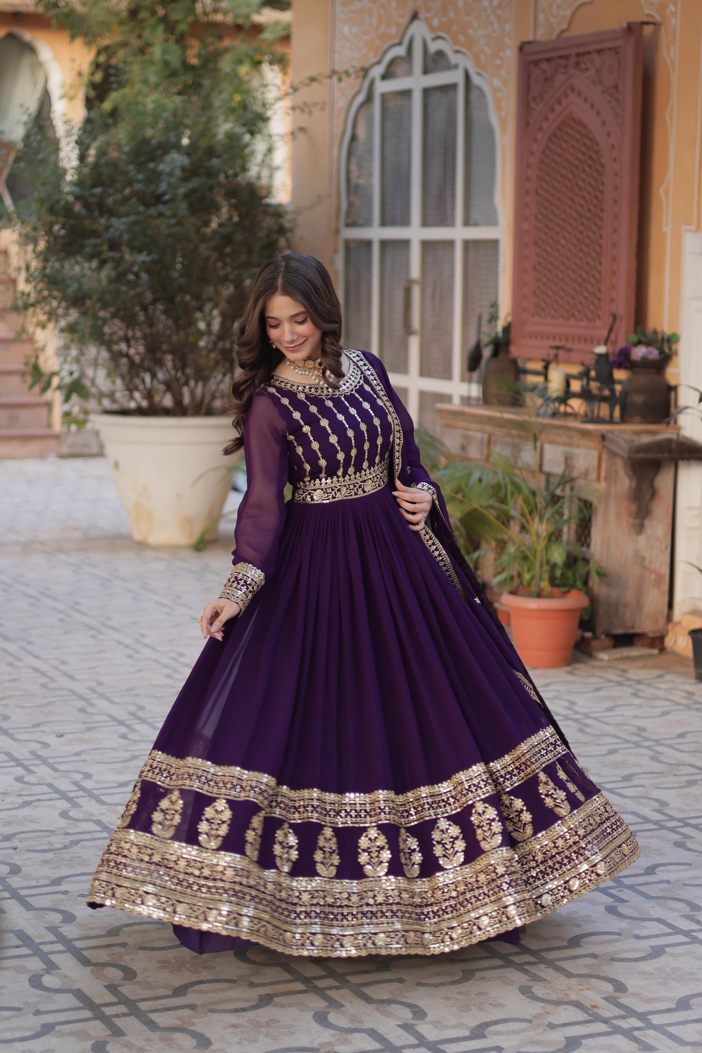 Purple color faux blooming gown with dupatta online
