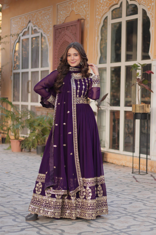 Purple color faux blooming gown for wedding